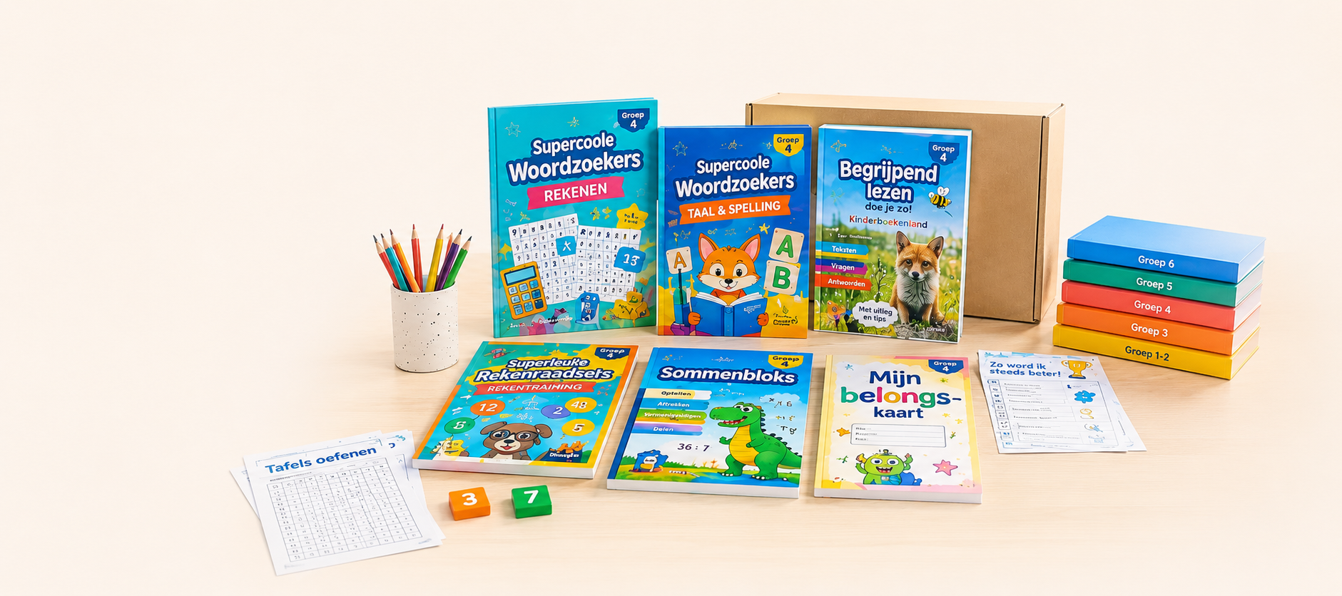 Oefenpakketten voor basisschoolkinderen van groep 1 t/m 6 met materiaal voor lezen, taal en rekenen.