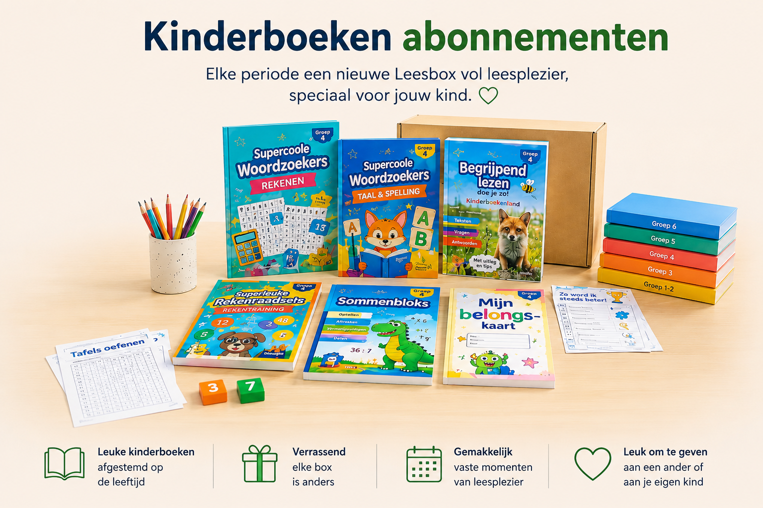 Kinderboeken abonnementen met een verrassende Leesbox vol kinderboeken voor verschillende leeftijden en leesniveaus op de basisschool.