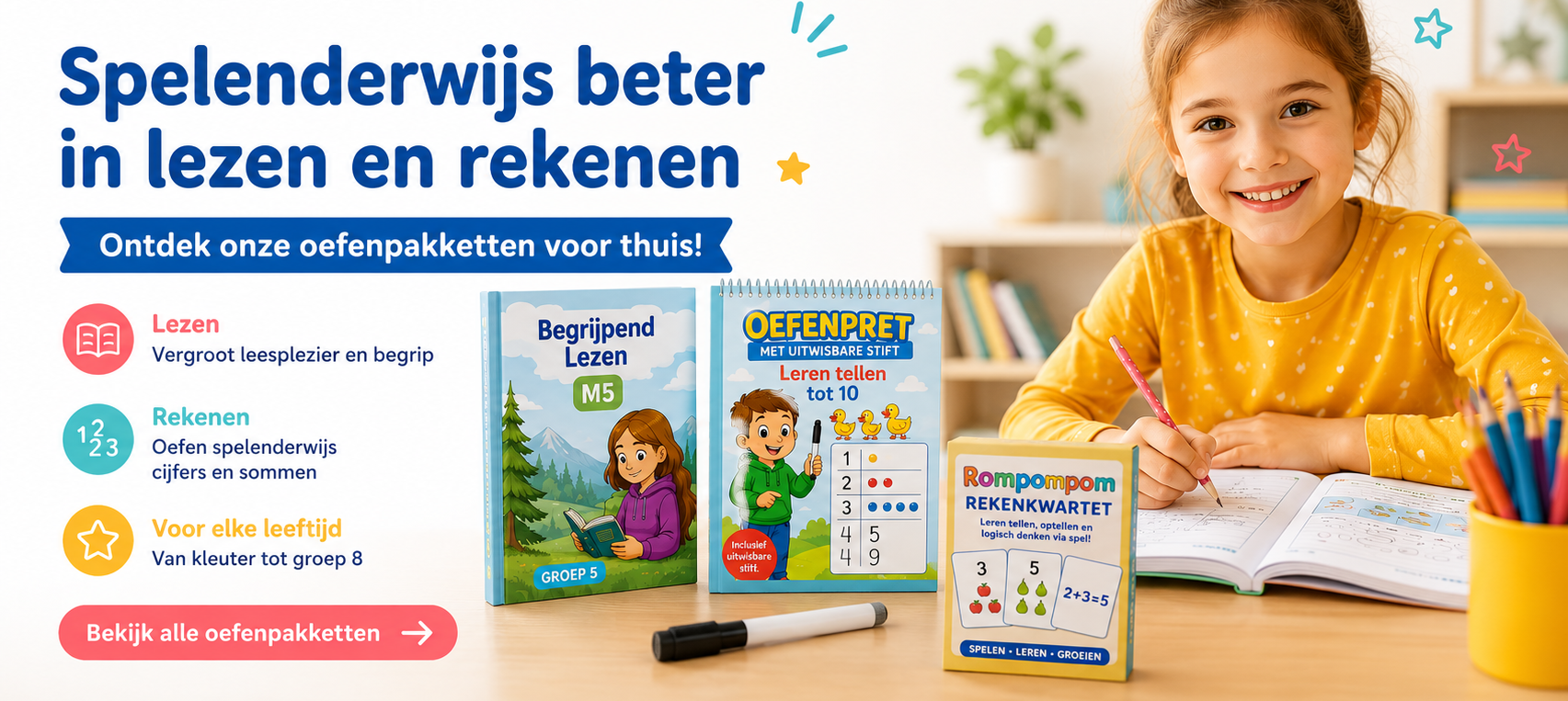 Thuis oefenen met rekenen lezen taal en sommen, van kleuters tot groep 8. ontdek de leespakketten, rekenpakketen van Kinderboekenland.nl