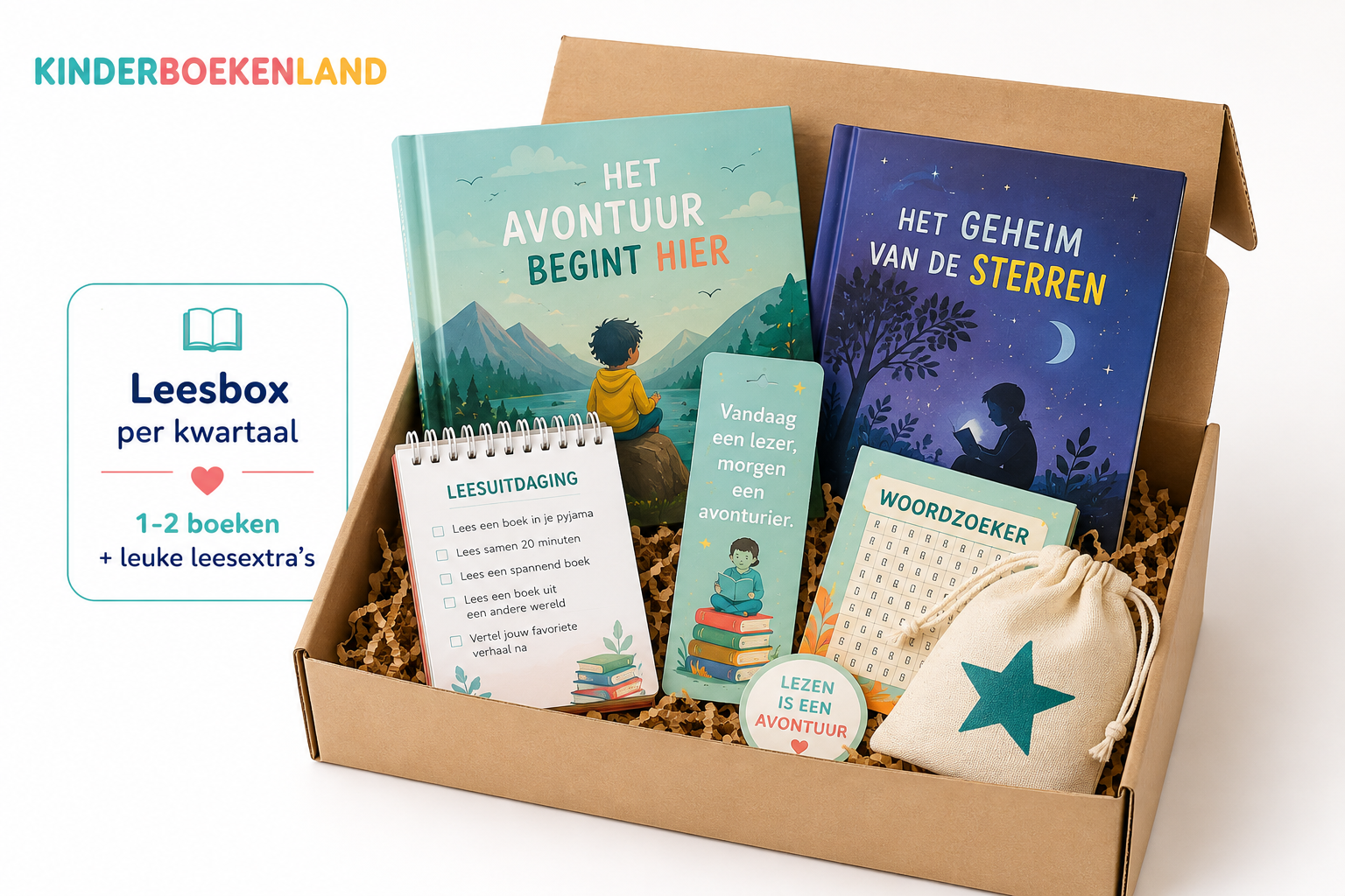 Kinderboeken abonnement leesbox compleet pakket met kwaliteitsboeken en leesspeltjes. Dit is een flexibel leesabonnement voor een kind.