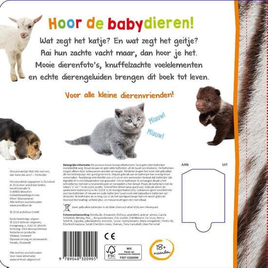 9789048320905 welk dier hoor ik hier babydieren geluidenboek en voelboek achterkant