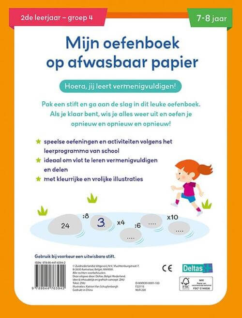 De achterkant van het oefenboek Mijn oefenboek op afwasbaar papier - Tafels van vermenigvuldiging (7-8 jaar)'.