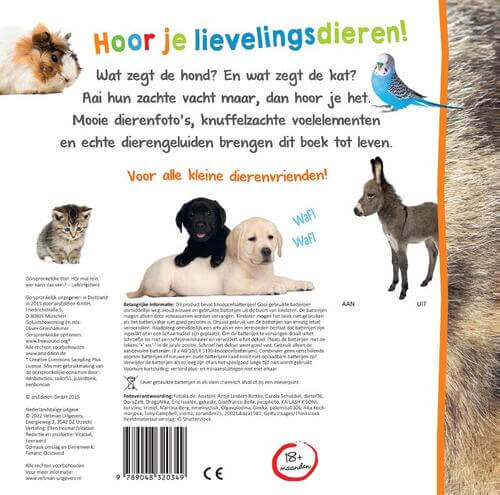 Welk dier hoor ik hier? Lievelingsdieren geluidenboek en voelboek 9789048320349 achterkant