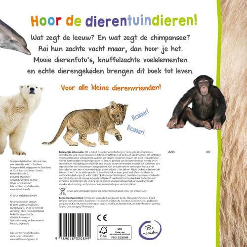 Achterkant kinderboekje Welk dier hoor ik hier? Dierentuin geluidenboek - Kinderboekenland.nl