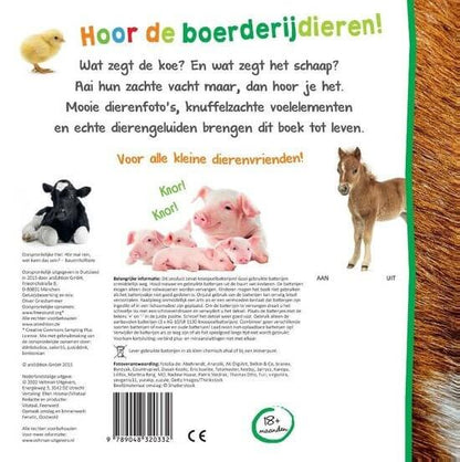9789048320332 Welk dier hoor ik hier? Boerderijdieren geluidenboek en voelboek - achterkant boek