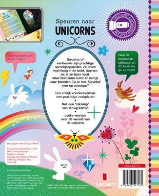 Zaklampboek speuren naar unicorns / eenhoorns / Sprankel de eenhoorn woont hoog in de lucht in een toverbos. 9789463547581 achterkant boek
