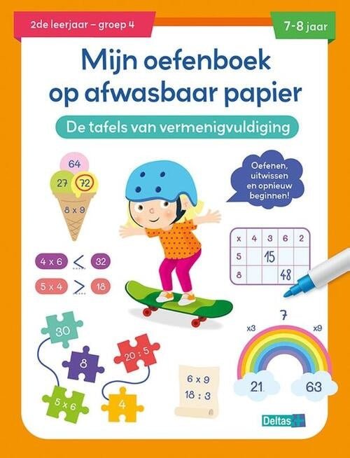 Mijn oefenboek op afwasbaar papier Tafels van vermenigvuldiging (7-8 j.) Kinderboekenland.nl